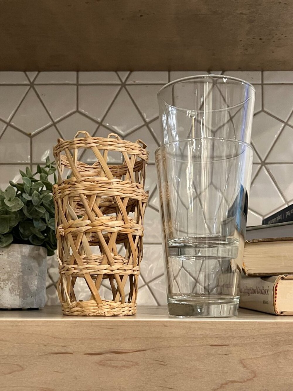 Set of 2 Woven Seagrass Highball Glasses | Boho Coastal Drinkware - Picture 2 of 3